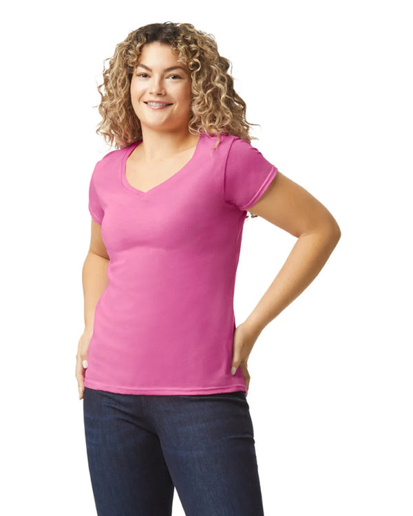64V00L Gildan Softstyle Women's V-Neck T-shirt Azalea Pink Front View