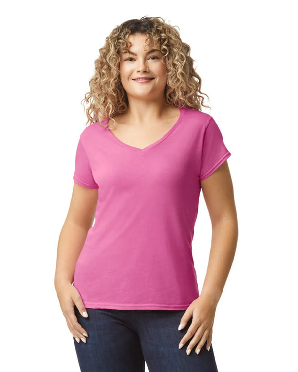 64V00L Gildan Softstyle Women's V-Neck T-shirt Azalea Pink Front View