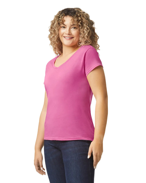 64V00L Gildan Softstyle Women's V-Neck T-shirt Azalea Pink Side View