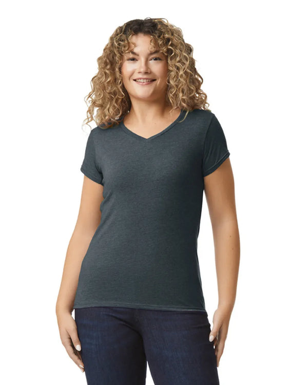 64V00L Gildan Softstyle Women's V-Neck T-shirt Dark Heather Front View