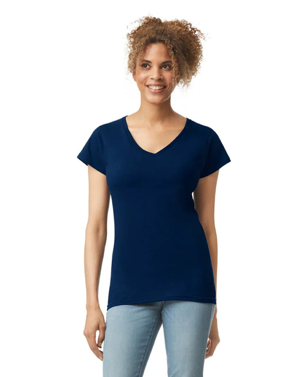 64V00L Gildan Softstyle Women's V-Neck T-shirt Navy Blue Front View