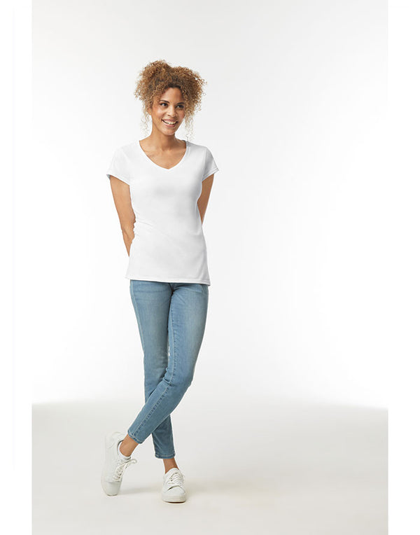 64V00L Gildan Softstyle Women's V-Neck T-Shirt White Front View