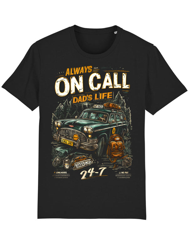 Father's Day T-shirt - Black t-shirt with a graphic print of a classic black London cab and the text 'ALWAYS ON CALL DAD'S LIFE 24/7'.