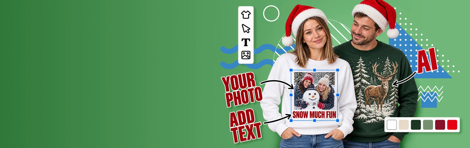 A promotional graphic showing a man and a woman wearing Santa hats and holiday sweaters, with a customizable photo overlay on the woman's sweater. The background is green with graphic design elements, text reading 'YOUR PHOTO ADD TEXT', and a color swatch palette.