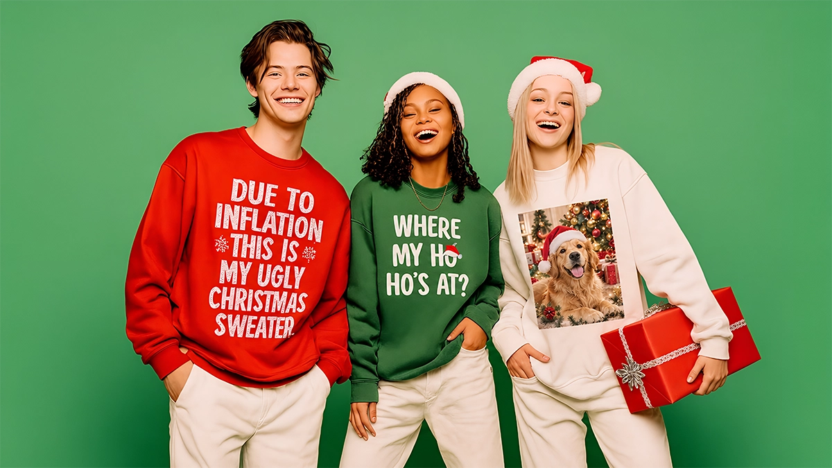 Three people standing against a solid green studio background, each wearing a different Christmas-themed sweatshirt. The person on the left wears a red sweatshirt with white text that reads 'DUE TO INFLATION THIS IS MY UGLY CHRISTMAS SWEATER.