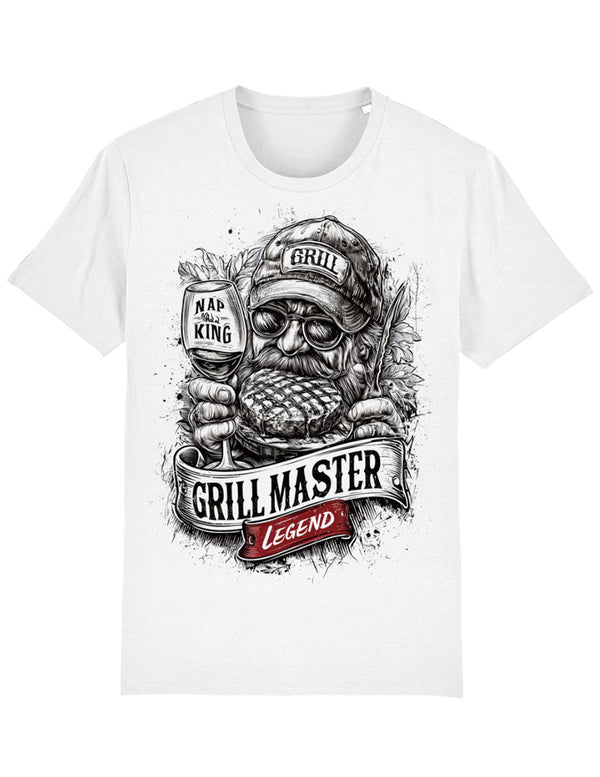Father's Day T-shirt - White crew neck t-shirt with a graphic print of a cartoonish character and text 'Grill Master', 'Nap-King', and 'Legend'.