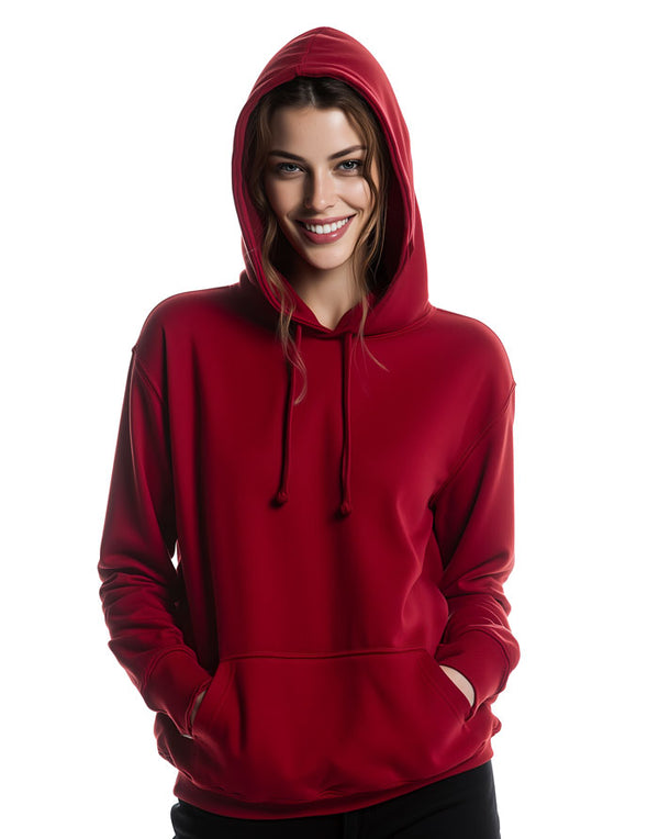 JH001 AWDis College Unisex Hot Chilli Red Hoodie Women's Front View Hood Up