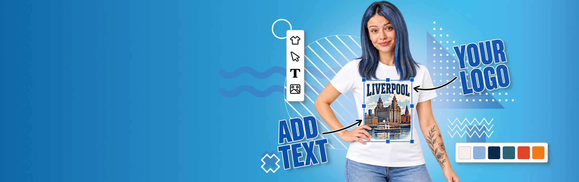 A woman modeling a white graphic t-shirt with a Liverpool cityscape print and 'LIVERPOOL' text, shown on a blue promotional template with arrows pointing to 'YOUR LOGO' and 'ADD TEXT' customization options.
