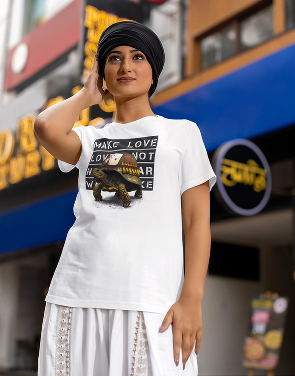 Make Love Not War Tortoise T-Shirt White Front View