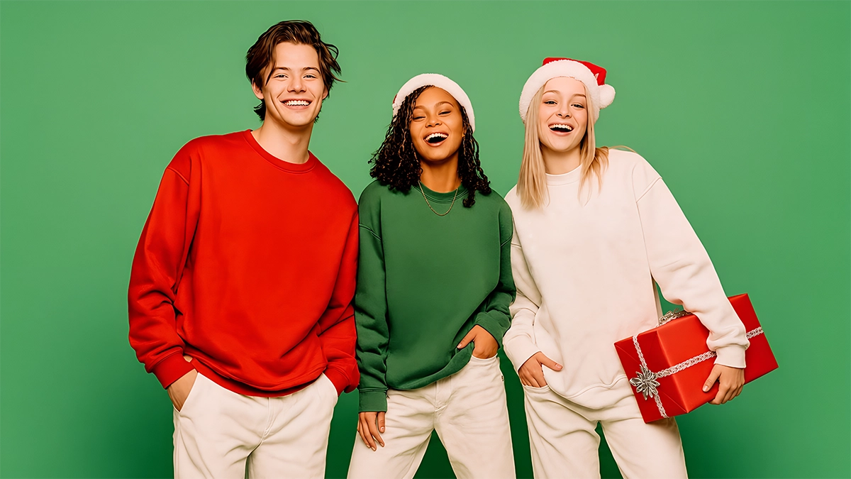 Three young adults posing together against a solid green background, wearing festive Christmas attire. The person on the left wears a red sweatshirt and white pants, the middle person wears a green sweatshirt and white pants, and the person on the right wears a white sweatshirt and Santa hat while holding a red gift box.