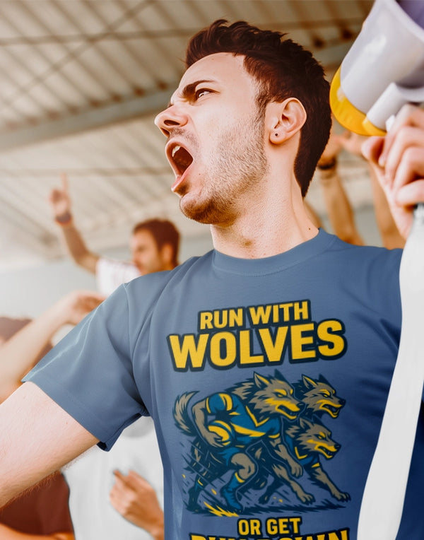 Warrington Wolves T-shirt - Run With Wolves Or Get Run Down Rugby T-Shirt Front View
