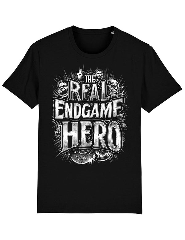 Black t-shirt with graphic print of a superhero and the text 'The Real Endgame Hero'.