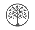 A circular tree-of-life logo in dark gray on a white background.