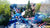 Amusement park with roller coaster and various attractions