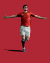 Manchester United T-shirt. Harry Maguire Fan T-shirt Design. Soccer player in red jersey and white shorts on a red background