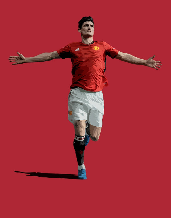 Manchester United T-shirt. Harry Maguire Fan T-shirt Design. Soccer player in red jersey and white shorts on a red background