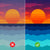 A four-panel comparison graphic showing sunset sky and ocean wave designs. The top-left panel has a checkered transparency pattern and a red X icon, while the top-right panel shows a clean orange sun and purple-to-orange sky.