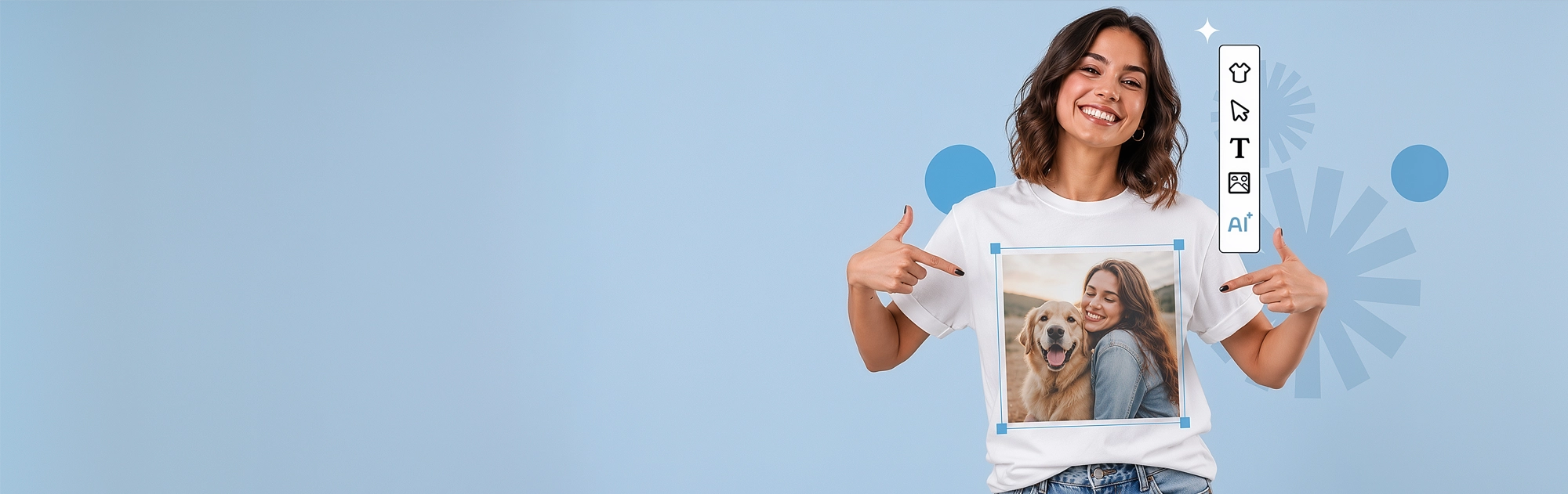 A woman stands against a light blue background wearing a white T-shirt with a printed photo of a woman and dog, holding up a smaller version of the shirt to show the design. A vertical toolbar with icons appears on the right side.