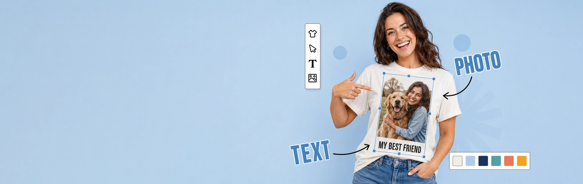 Woman wearing a custom photo on a T-shirt featuring her dog with personalised text.