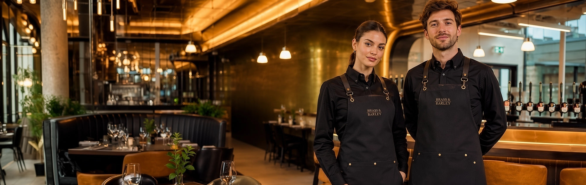 Two restaurant staff members wearing matching black uniforms and aprons standing in a warmly lit restaurant interior.