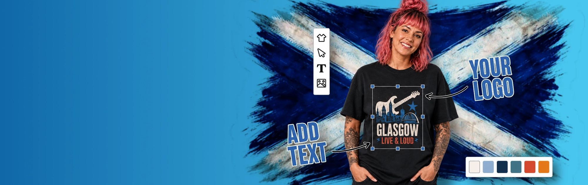 A woman wearing a black graphic T-shirt with a guitar illustration and the text 'GLASGOW' and 'SCOTLAND'. 
