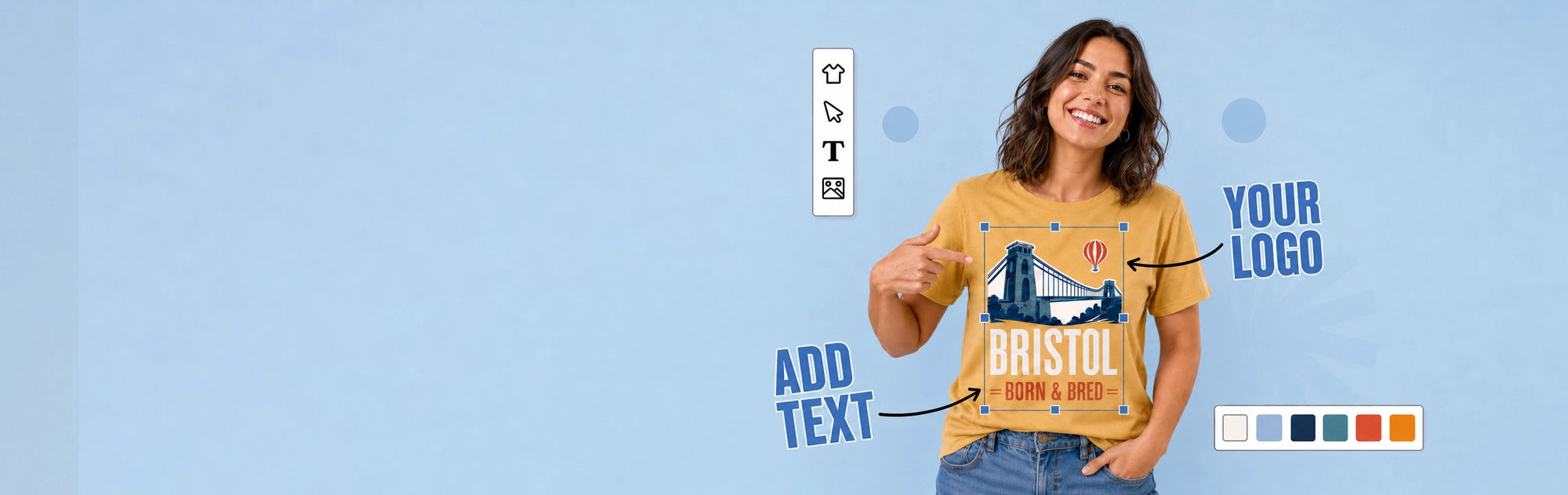A woman wearing a custom graphic T-shirt with a customizable Bristol cityscape design.