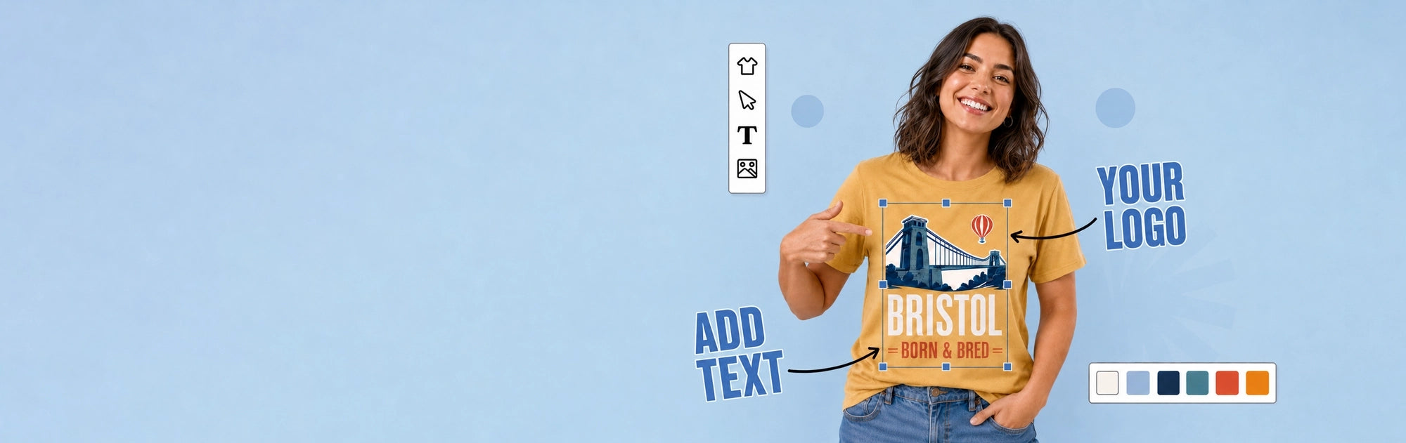 A woman wearing a custom graphic T-shirt with a customisable Bristol cityscape design.