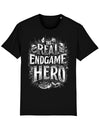 Black t-shirt with graphic print of a superhero and the text 'The Real Endgame Hero'.