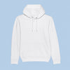 A plain white pullover hoodie with a front kangaroo pocket and white drawstrings, centered on a light blue background.