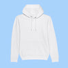 A plain white pullover hoodie with a front kangaroo pocket and drawstrings, centered on a solid light blue background.