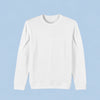 A plain white crewneck sweatshirt with long sleeves and ribbed cuffs, displayed flat against a solid light blue background.