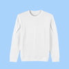 A plain white crewneck sweatshirt with long sleeves and ribbed cuffs and hem, centered on a solid light blue background.