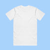 A plain white short-sleeve crewneck t-shirt centered on a solid light blue background.