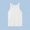 A plain white sleeveless tank top centered on a light blue background.