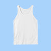 A plain white sleeveless tank top centered on a light blue background.