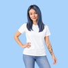 A woman wearing a plain white t-shirts with blue hair.