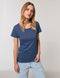 female model in blue t-shirt